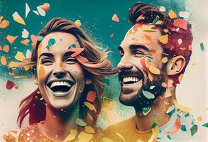 Illustration of a couple smiling as confetti falls on them against a colored background. . photo