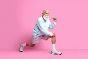 Happy old man doing sport on color studio background. Generative AI photo