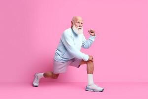 Happy old man doing sport on color studio background. photo