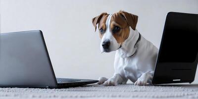 A jack russell terrier looking at a laptop. photo