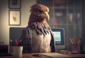 Portrait of an anthropomorphic eagle as a developer in the office. photo