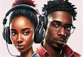 Couple of young afroamerican persons, male and female, radio host with headphones and microphone . photo