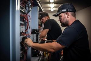 Two professional male electricians collaboratively working on a fuse box, emphasizing the importance of trade skills, safety, and apprenticeship. photo