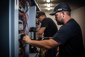 dos profesional masculino electricistas colaborativamente trabajando en un fusible caja, enfatizando el importancia de comercio habilidades, seguridad, y aprendizaje. ai generado foto