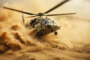 the helicopter flying in the air is covered in sand. AI Generated photo