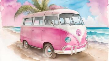 Handdrawn pink retro van. AI Generated photo