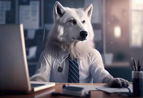 Portrait of an anthropomorphic polar wolf as a developer in the office. . photo