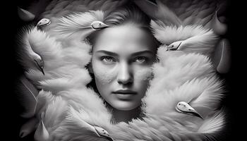 A woman's face sticking out in the middle of all the goose white feather. photo