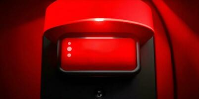 rojo brillante advertencia lámpara o botón negro panel con el palabras, alerta. ai generado foto