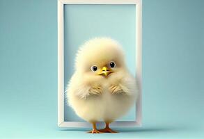 Cute chick holding a blank frame with copy space on a gradient background. photo