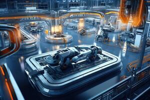 Car Factory 3D Concept Automated Robot Arm Assembly. photo