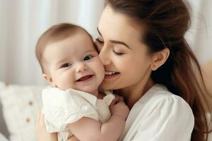 Happy cheerful family. Mother and baby kissing, laughing and hugging . AI Generated photo