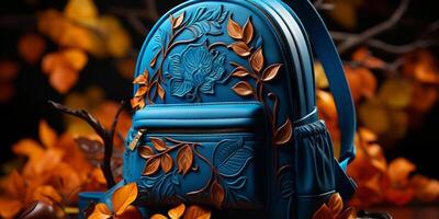 school backpack with pencils and leaves. photo