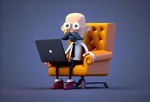 Cartoon character businessman sitting in a chair with laptop. 3d illustration. . photo