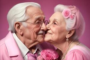 romántico abuelos Pareja en un estudio antecedentes. generativo ai foto