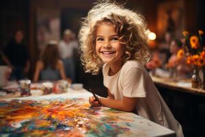 Girl holding a paintbrush, facing the camera, drawing on a wooden table, children's room background. AI Generated photo