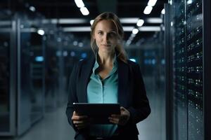 Successful Female Data Center IT Specialist Using Tablet Computer. photo