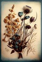 Photo dried flowers and plants over antique vintage card.