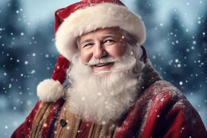 a happy and cheerful Santa Claus standing by a sleighs in North Pole.. AI Generated photo