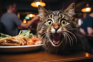 Happy cat biting a burger on a open concept living room. photo