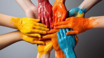 Many different hands of kids arranges in a circle with the hand palms painted with colored paint, white background,. photo