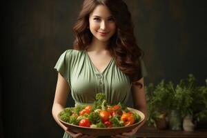 A pregnant woman holding up a bowl of vegetables. photo