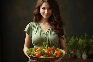 un embarazada mujer participación arriba un cuenco de vegetales. ai generado foto