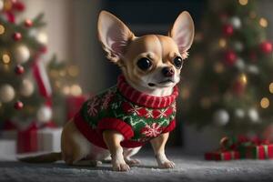 Chihuahua in Christmas pullover. AI Generated photo