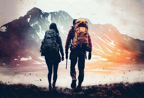 Couple of hikers with backpack. photo