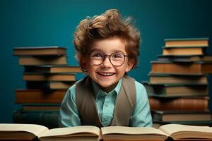 retrato de un contento niño pequeño chico con lentes sentado en un apilar de libros y leyendo un libros. ai generado foto