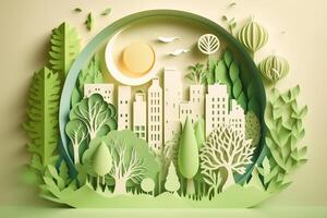 Paper art style , Paper cut of eco city design Green energy concept and environment conservation. photo