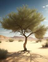 Single Green tree in the desert. AI Generated photo