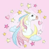 kawaii noche cielo composición con unicornio rosas estrellas y Luna creciente aislado en whte antecedentes. festivo antecedentes o saludo tarjeta. pastel godo paleta. vector