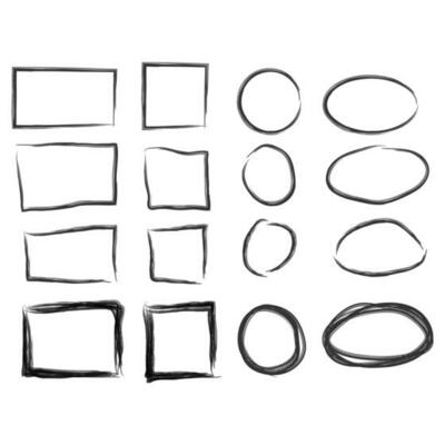 Black circle and square frames. Brush strokes. design elements set