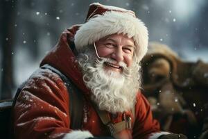 un contento y alegre Papa Noel claus en pie por un trineos en norte polo.. ai generado foto