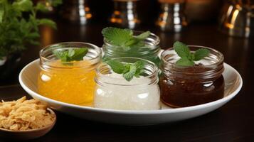 Variety of sweeteners - Stevia, sugar, pollen and honey. photo