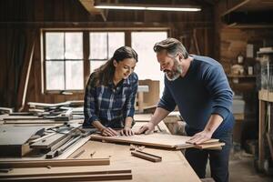 Couple of woodworkers discussing papers and working. AI Generated photo