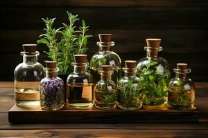 An assortment of essential oil bottles with fresh plants from which they're derived, like lavender, peppermint, and rosemary, arranged on a wooden surface. AI Generated photo