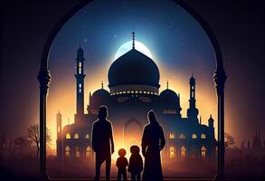Ramadan Kareem greeting. Family looking at mosque. . photo