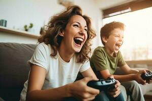madre y hijo risa y jugar vídeo juegos juntos. ai generado foto