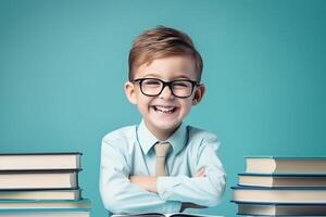 portrait of a happy child little boy with glasses sitting on a stack of books and reading a books, light blue background. photo