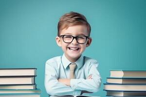 retrato de un contento niño pequeño chico con lentes sentado en un apilar de libros y leyendo un libros, ligero azul antecedentes. ai generado foto