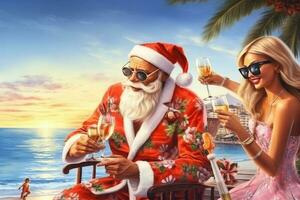 Papa Noel claus es en el playa Bebiendo martinis con atractivo mujer. ai generado foto