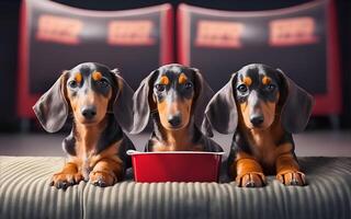 Tres linda perros salchicha acecho un película con palomitas de maiz en cine. ai generado foto