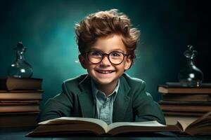 portrait of a happy child little boy with glasses sitting on a stack of books and reading a books. photo