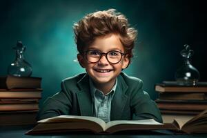 retrato de un contento niño pequeño chico con lentes sentado en un apilar de libros y leyendo un libros. ai generado foto