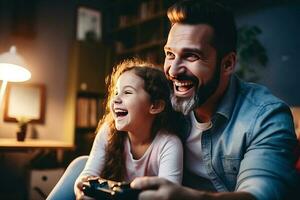 Father and daughter laugh and play video games together. AI Generated photo