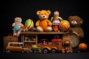 Toy collection on black background.. AI Generated photo