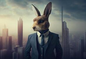 Portrait of an anthropomorphic rabbit businessman roaming the city streets. . photo