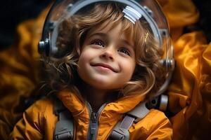 portrait of little child girl in an astronaut costume. AI Generated photo